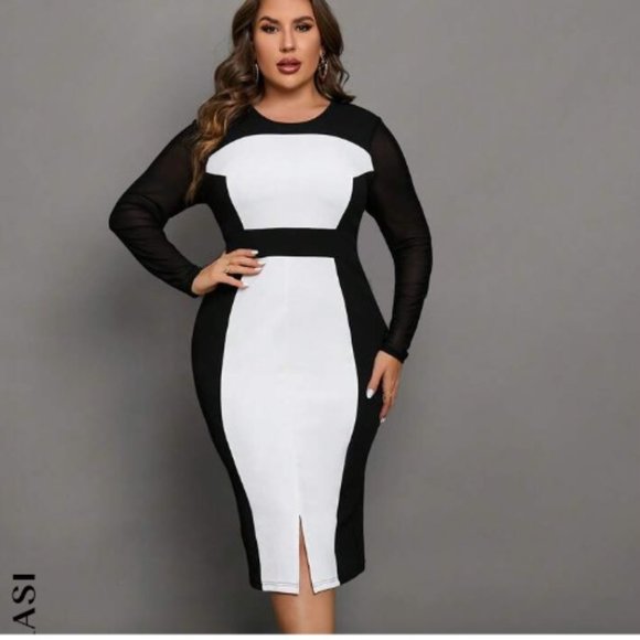 SHEIN Dresses & Skirts - Black White Bodycon Colorblock Long Sleeve Dress Size 1XL  NEW NWOT